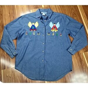 Vtg Belle Pointe Chambray Shirt Christmas Womens Medium Embroidered Button Angel
